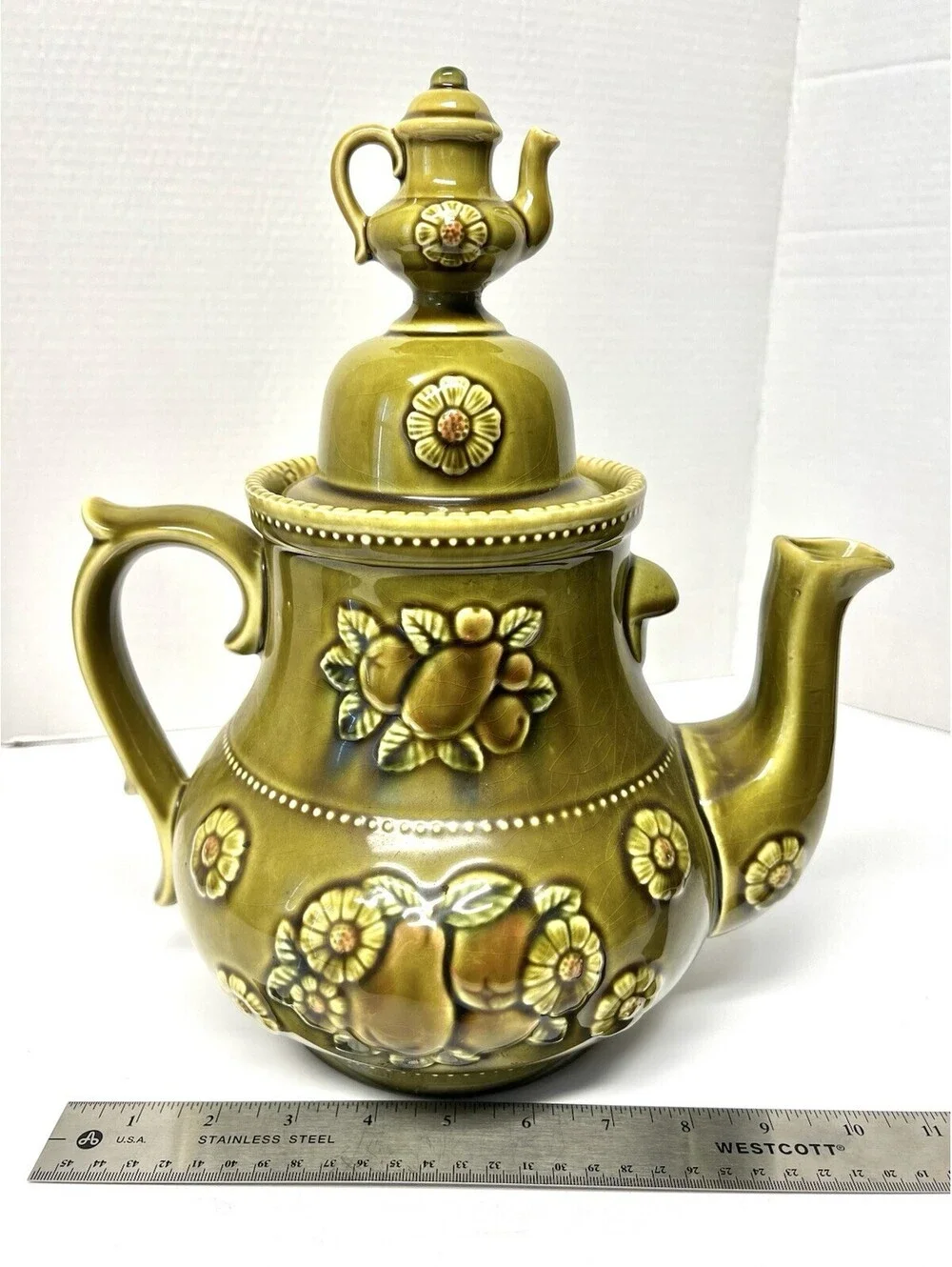 Vintage Apco Japan 60's Retro MCM Teapot Cookie Jar Canister Olive Green